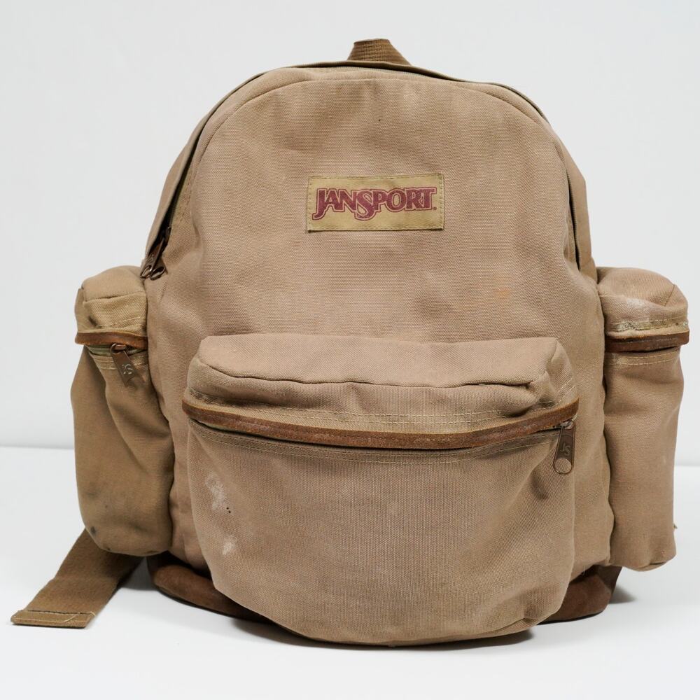 Vintage Jansport USA Canvas Leather Bottom Backpack Rucksack Distressed Tan